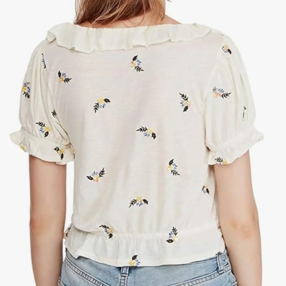 Free People Full Bloom Embroidered White Ruffled Crop Top S - Picture 2 of 10